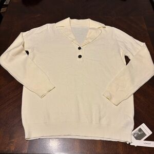 Classic Soft Cream Collared V-Neck Sweater with Button Detail